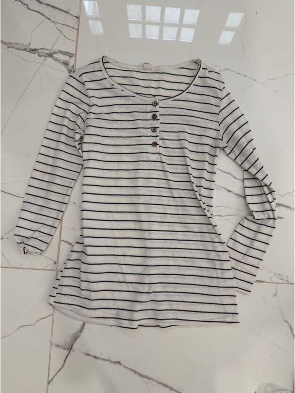 Cream Black Striped Ribbed Henley Top Women's M